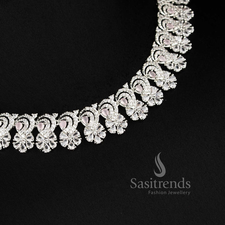 Trendy pink stone studded rhodium plated necklace set with detailed floral pattern and premium finish - sasitrends"