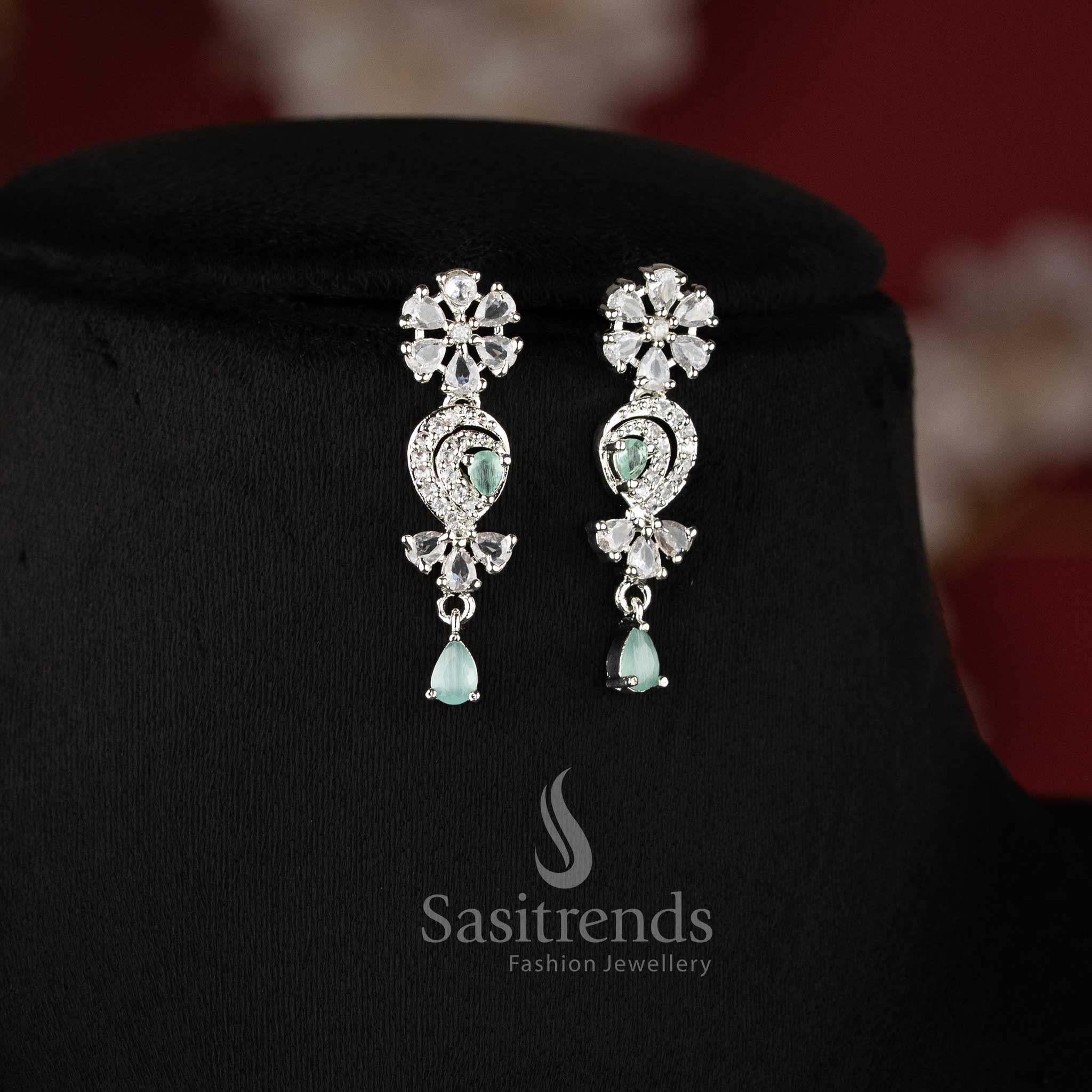 Stylish mint AD floral necklace set with matching earrings for festive and party wear - sasitrends