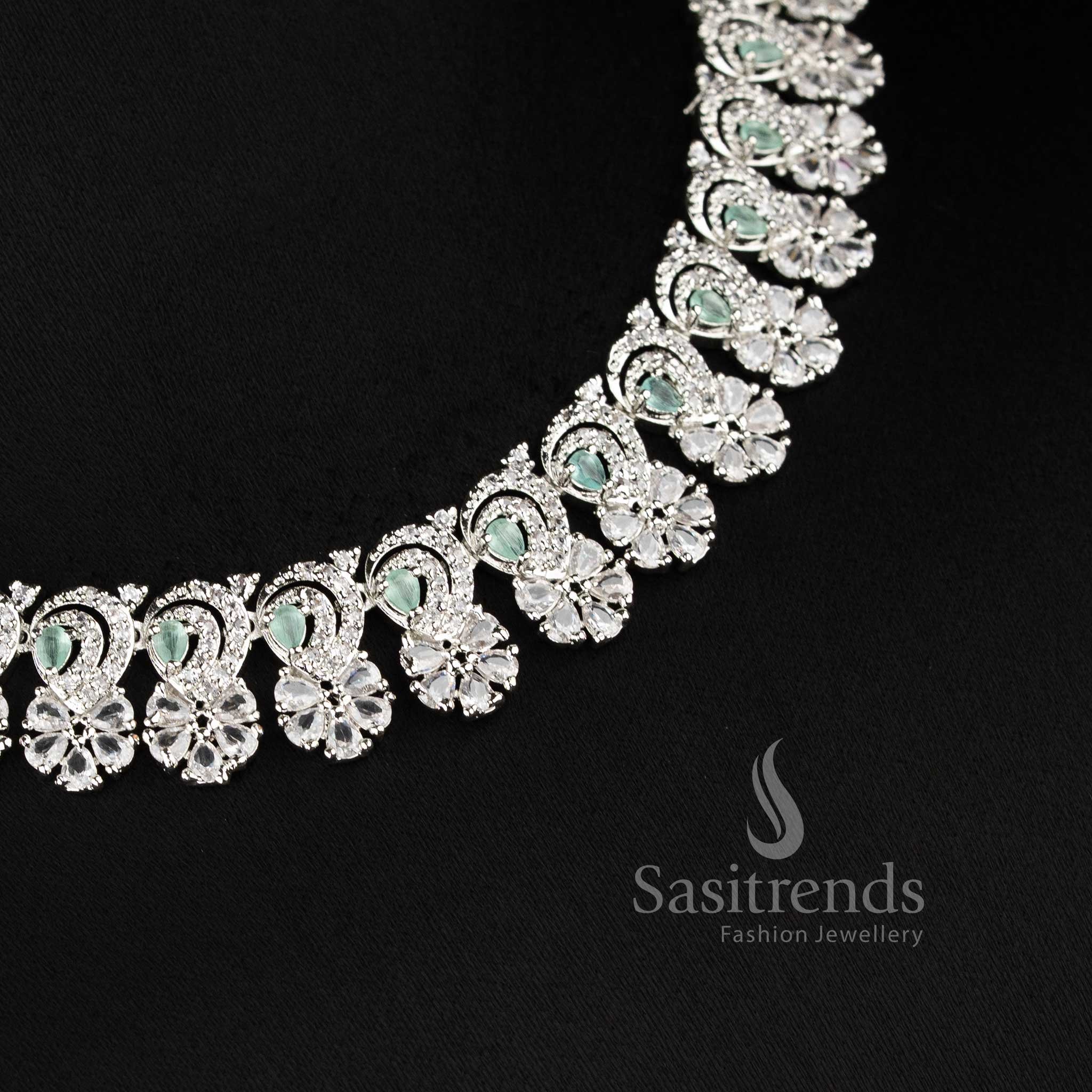 Beautiful mint American diamond necklace set with floral arrangement suitable for bridal and reception wear - sasitrends