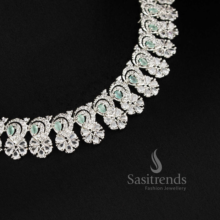 Beautiful mint American diamond necklace set with floral arrangement suitable for bridal and reception wear - sasitrends
