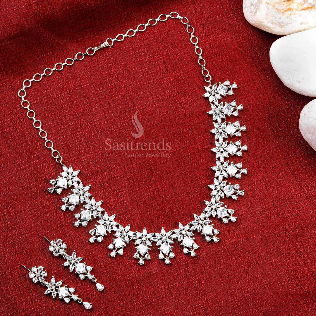 Timeless White AD Stone Necklace Set - Floral Grace - Perfect for Special Celebrations - Rich Look Rhodium Silver Plated Jewelry - Sasitrends