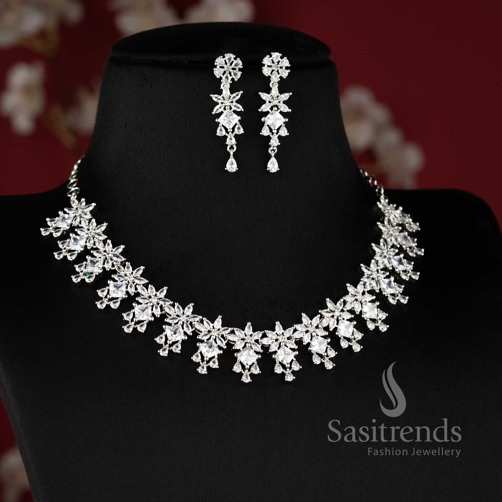 Beautiful white AD floral necklace set for lehenga, saree, and reception wear - sasitrends