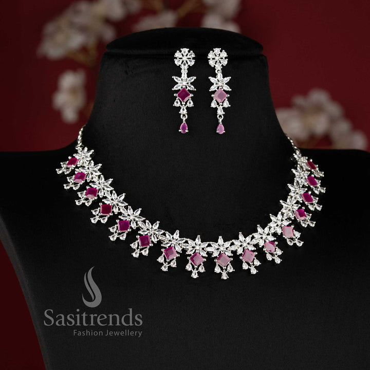 Elegant ruby AD stone necklace set for saree, reception, and party wear with floral design - sasitrends