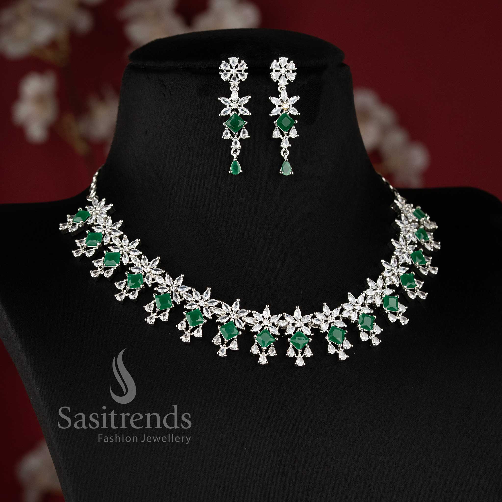 Green color rhodium plated floral American diamond necklace set for bridal lehenga and wedding wear - sasitrends