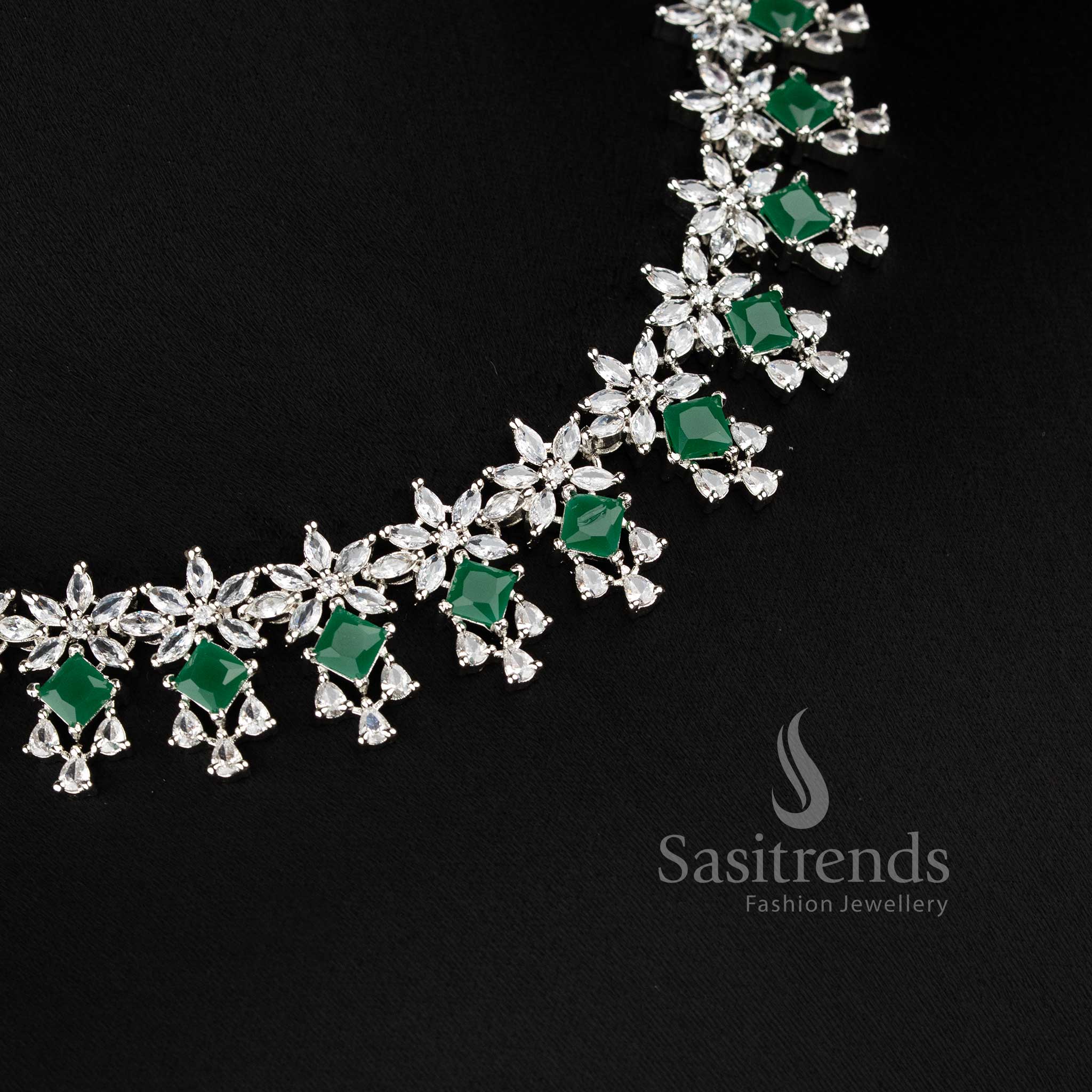Elegant green AD stone necklace set for saree, reception, and party wear with floral design - sasitrends