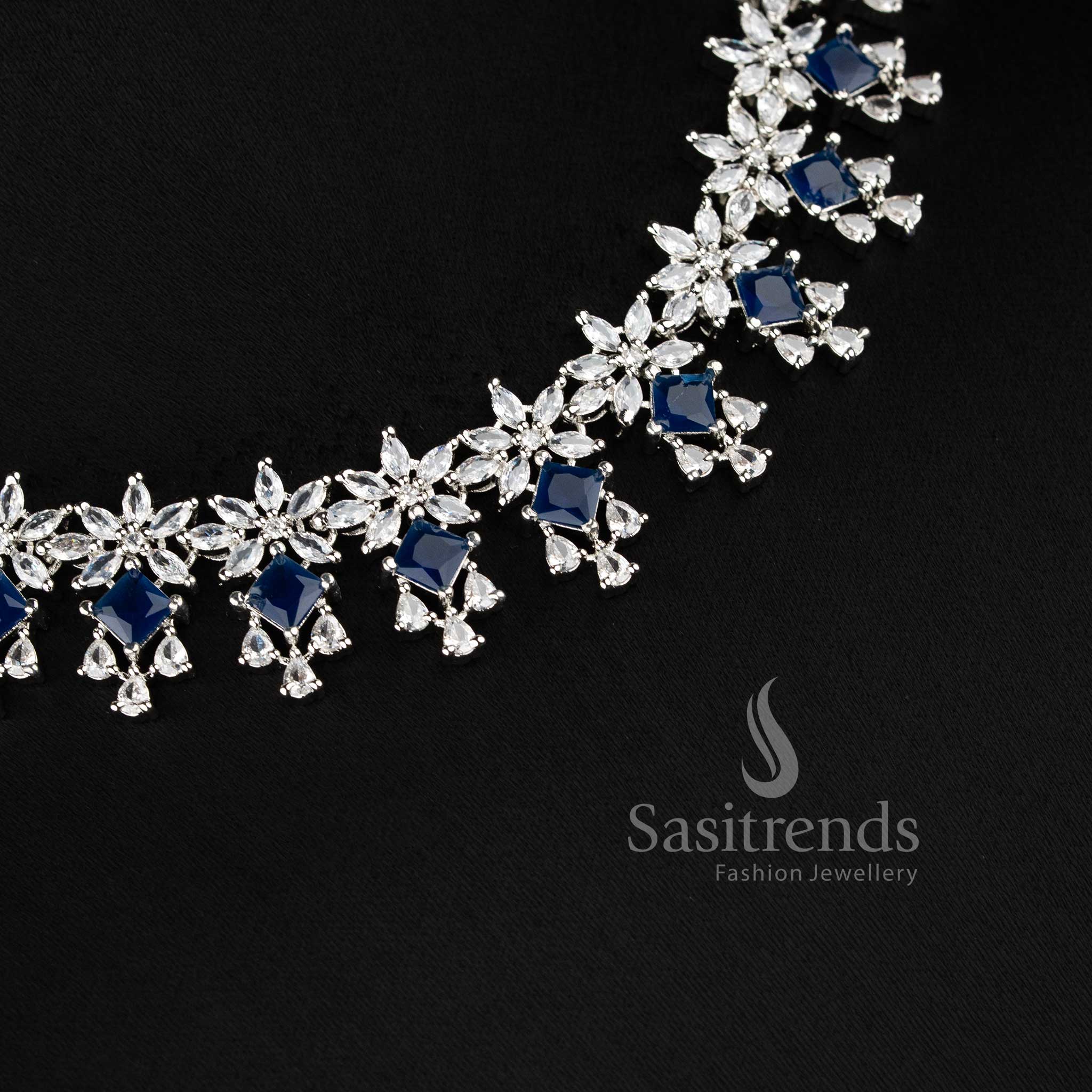 Trendy blue American diamond necklace set for bridal, wedding, and festive occasions - sasitrends