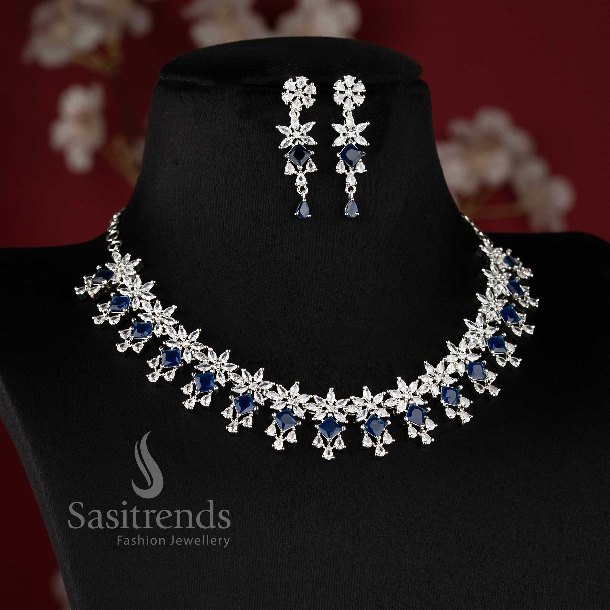 Blue color rhodium plated floral American diamond necklace set for bridal lehenga and wedding wear - sasitrends