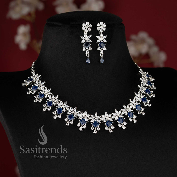 Blue color rhodium plated floral American diamond necklace set for bridal lehenga and wedding wear - sasitrends