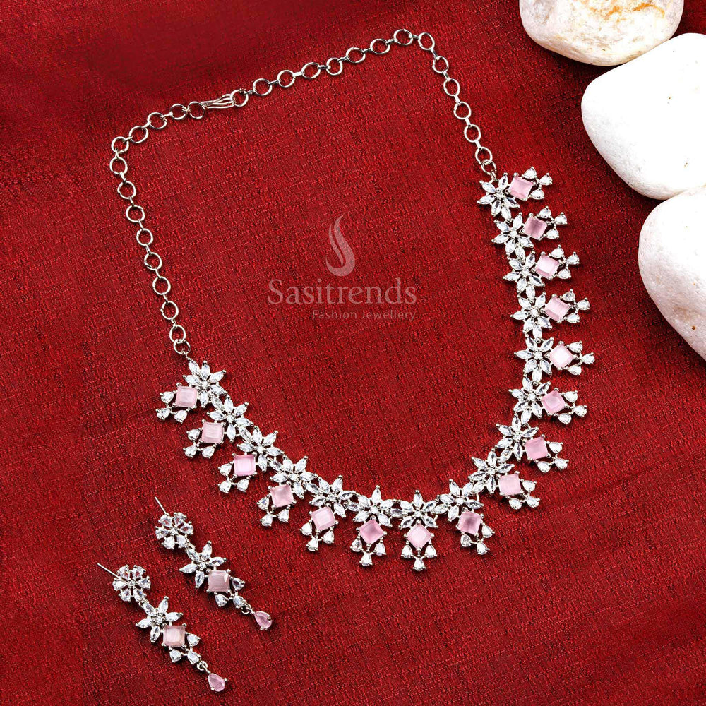 Timeless Pink AD Stone Necklace Set - Floral Grace - Perfect for Special Celebrations - Rich Look Rhodium Silver Plated Jewelry - Sasitrends