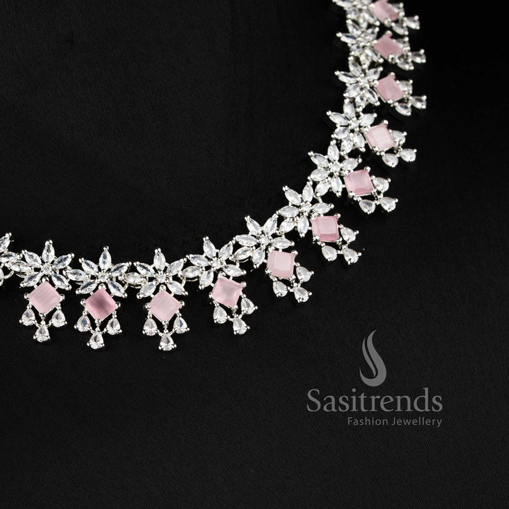 Beautiful pink AD floral necklace set for lehenga, saree, and reception styling - sasitrends