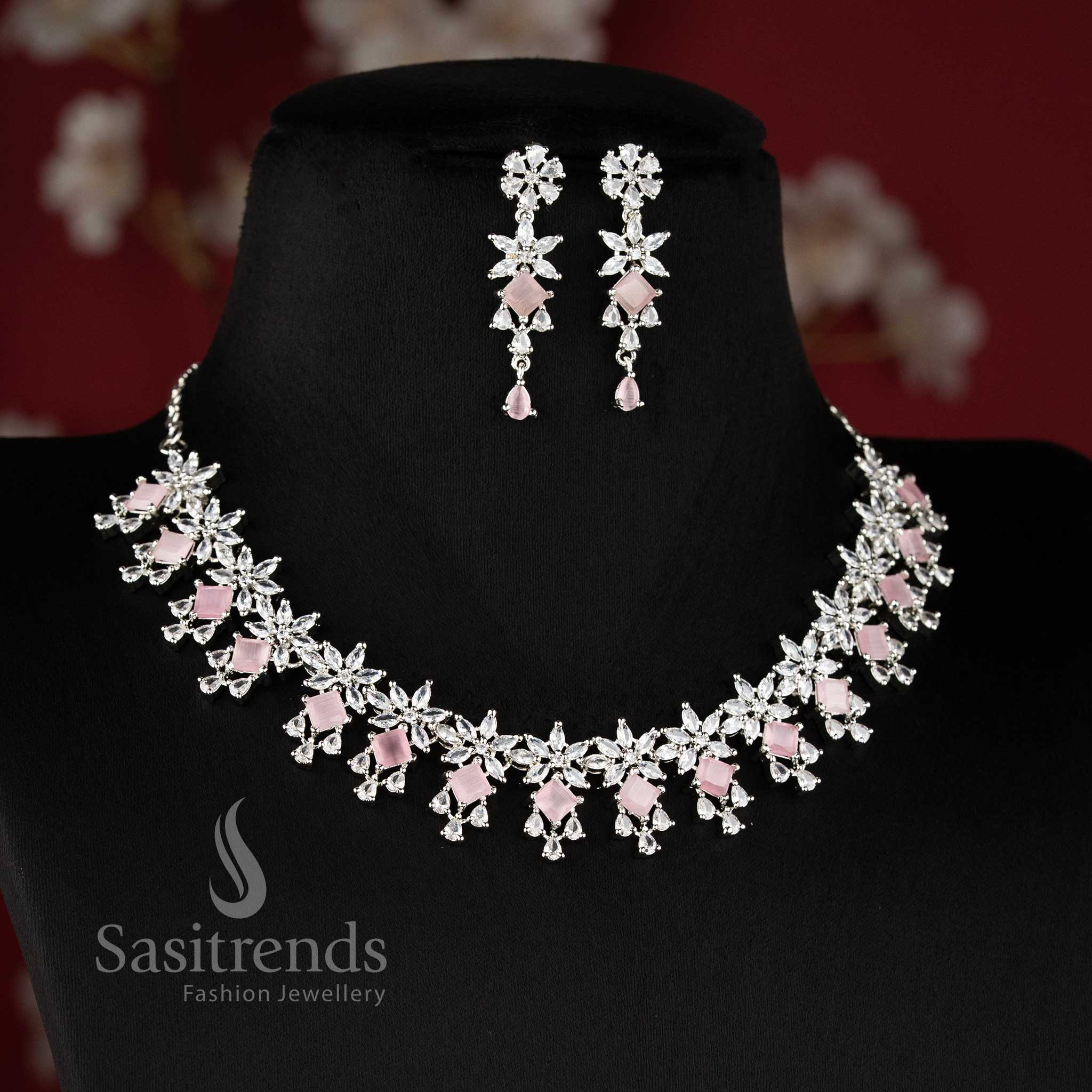 Trendy pink American diamond necklace set for bridal, wedding, and festive occasions - sasitrends