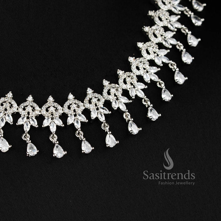 Trendy white American diamond floral dangle necklace set with intricate leaf pattern for wedding and party wear - sasitrendS