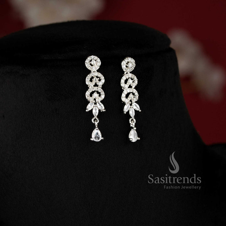 Elegant white AD stone floral leaf drop necklace set with dangling teardrop design for saree and reception wear - sasitrends