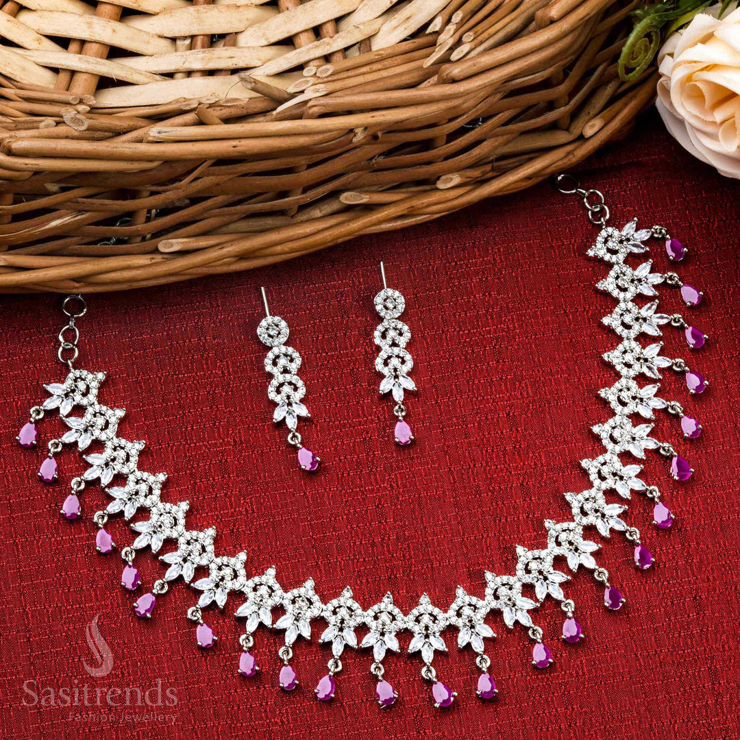 Rhodium Silver Plated Necklace with Gorgeous Floral Pattern, Ruby Stones, and American Diamonds - Party Wear Jewelry Set - Sasitrends