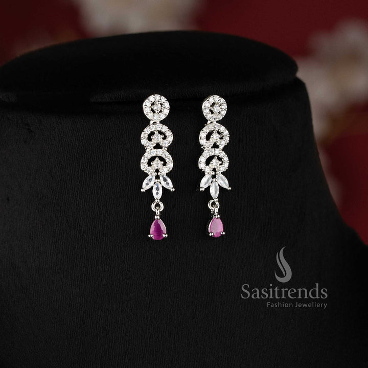 Elegant ruby AD stone floral leaf drop necklace set with dangling teardrop design for saree and reception wear - sasitrends