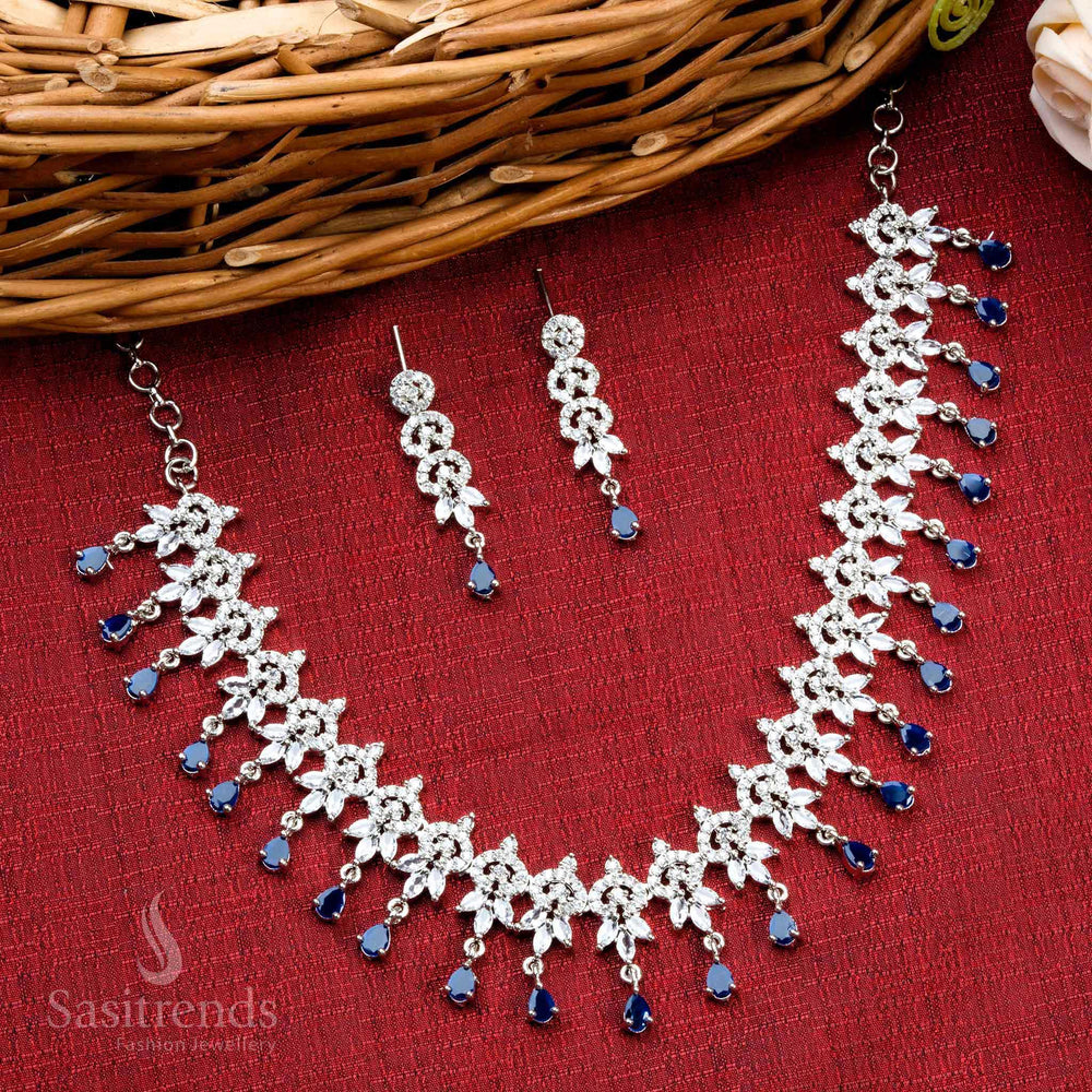 Stunning Blue Stone Necklace with Floral Pattern, Rhodium Silver Plating, and American Diamonds - Party Wear Jewelry Set - Sasitrends