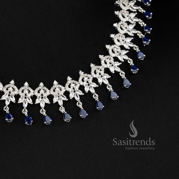 Stylish blue floral necklace set with teardrop danglers and AD stones for wedding and reception wear - sasitrends