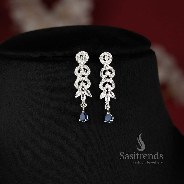 Elegant blue AD stone floral leaf drop necklace set with dangling teardrop design for saree and reception wear - sasitrends