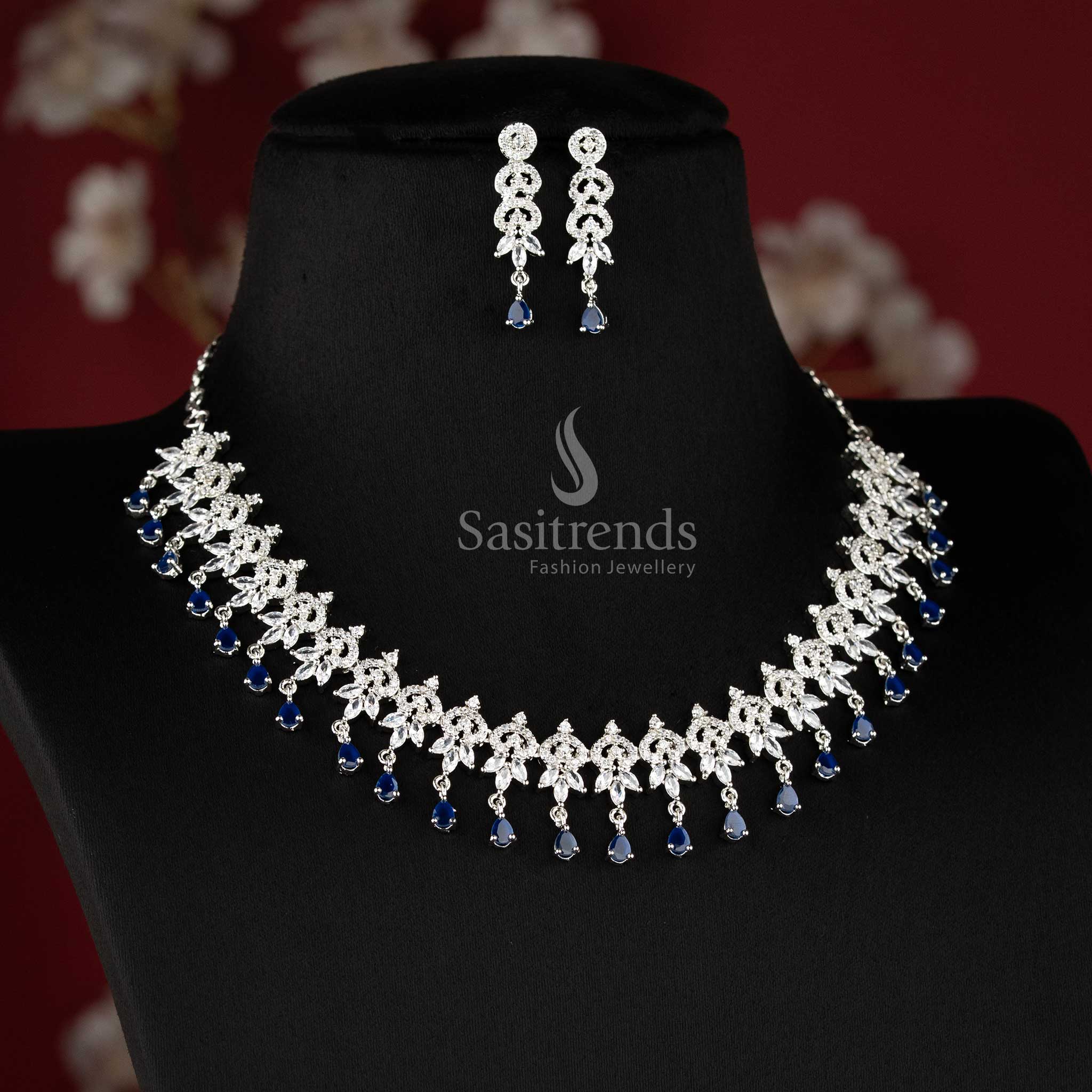 Designer BLUE stone floral drop necklace set with detailed cluster pattern for ethnic and festive occasions - sasitrends