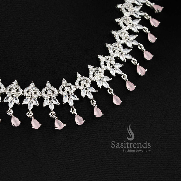 Pink color rhodium plated floral cluster American diamond necklace set with teardrop danglers for bridal wear - sasitrends