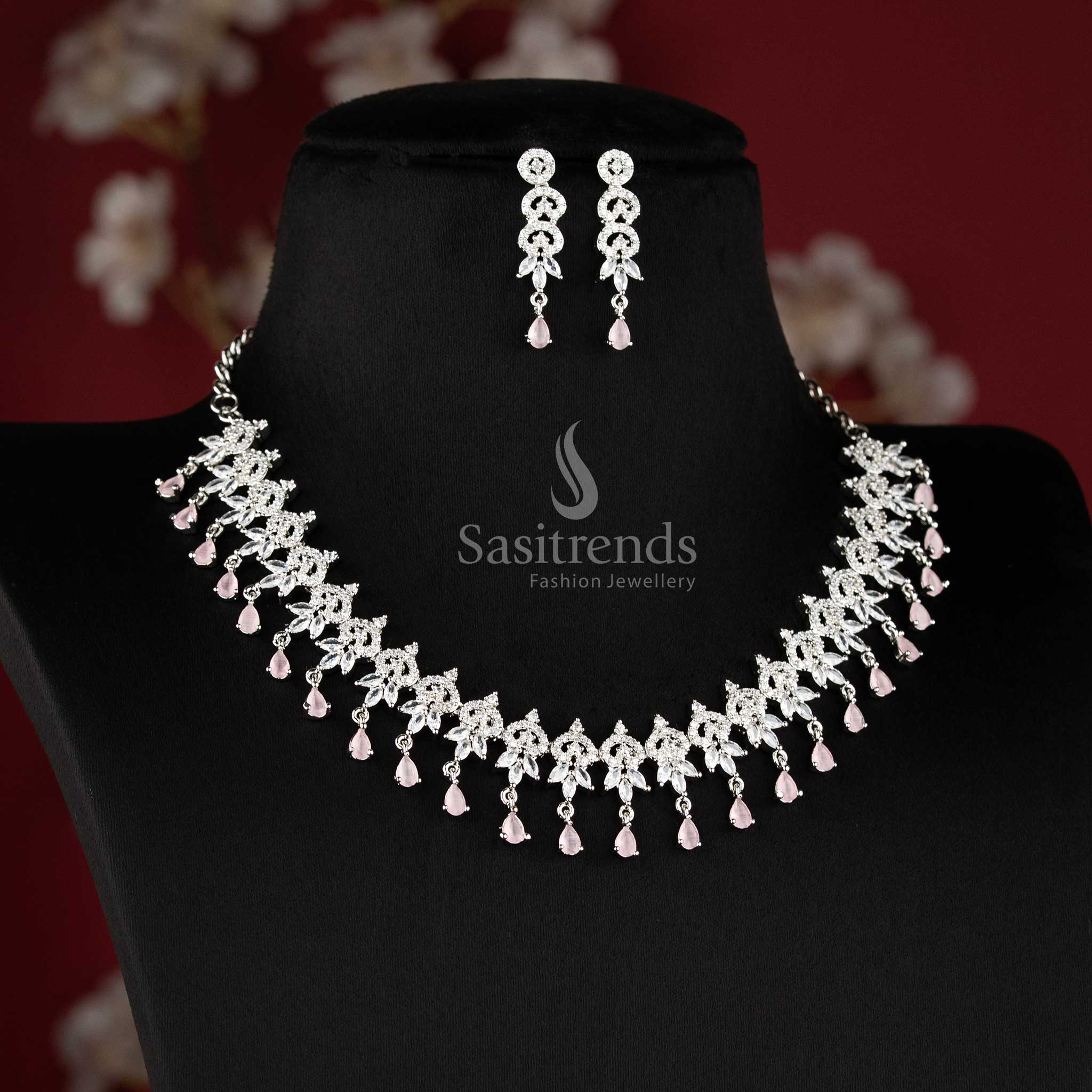 Pink color rhodium plated floral cluster American diamond necklace set with teardrop danglers for bridal wear - sasitrends