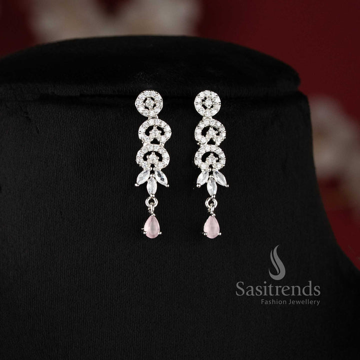 Elegant pink AD stone floral leaf drop necklace set with dangling teardrop design for saree and reception wear - sasitrends