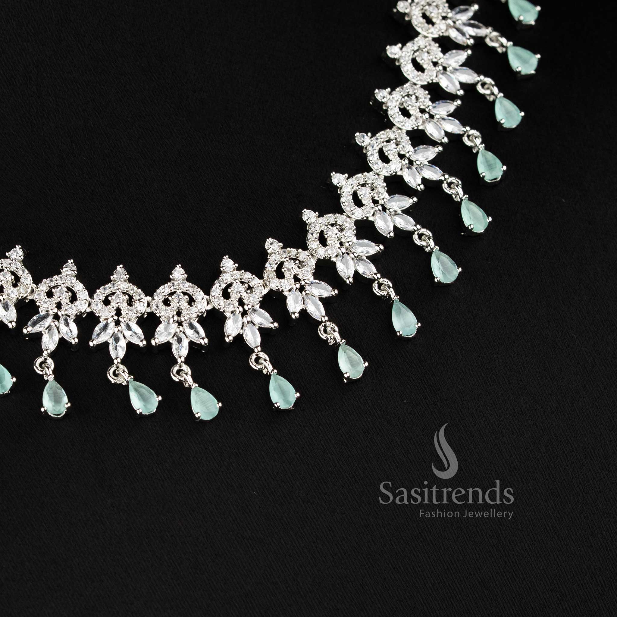 Beautiful mint AD floral vine Necklace set with teardrop hanging design for lehenga and bridal styling - sasitrends