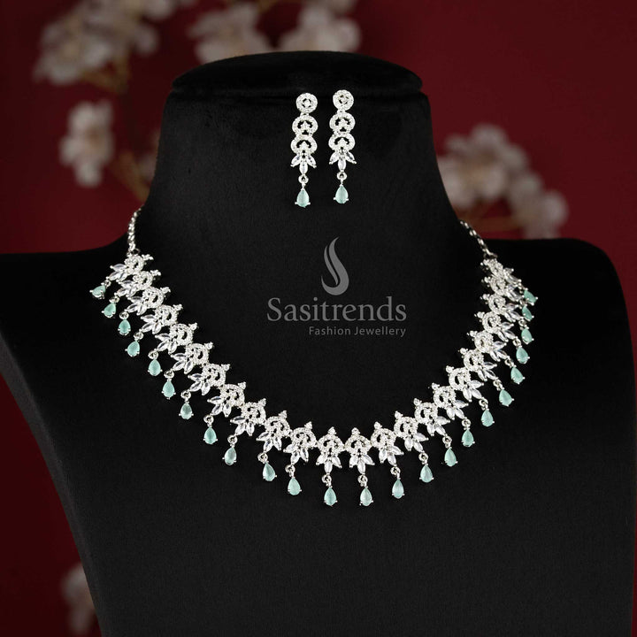 Trendy mint American diamond floral dangle necklace set with intricate leaf pattern for wedding and party wear - sasitrends