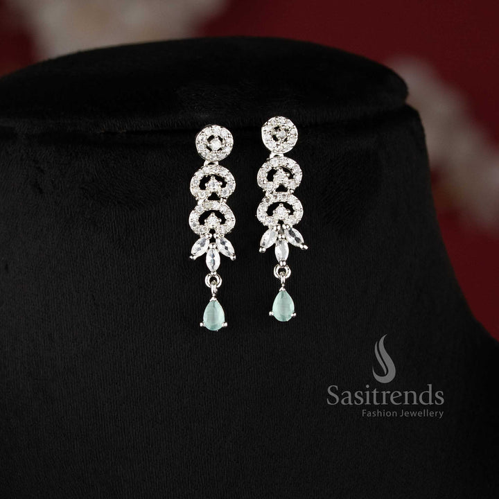 Elegant mint AD stone floral leaf drop necklace set with dangling teardrop design for saree and reception wear - sasitrends