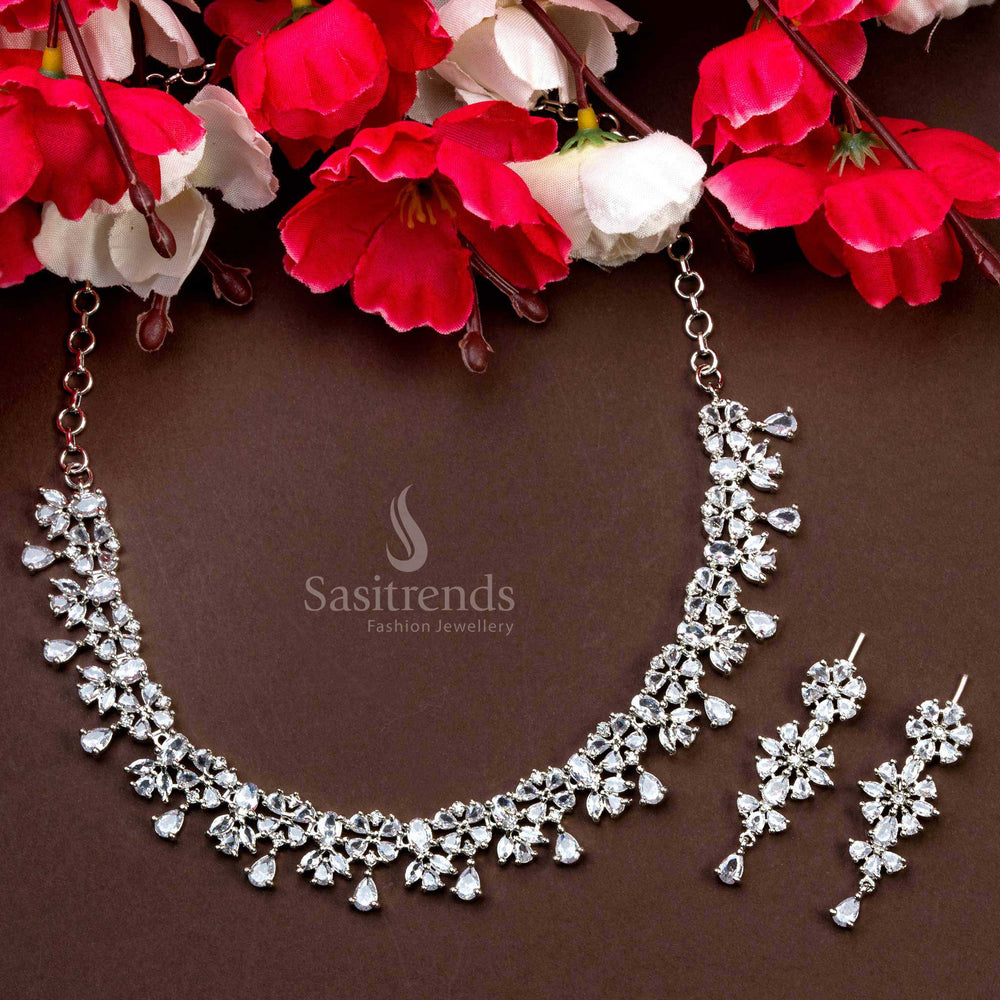 Sophisticated Party Wear Jewelry Set with White Stones, New Rich Look Rhodium Silver Plated AD Necklace and Earrings - Sasitrends