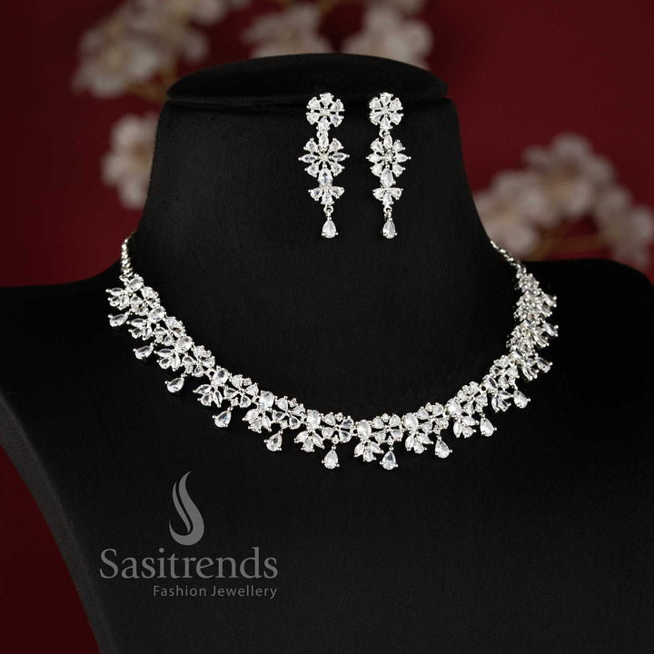Beautiful white AD floral necklace set with teardrop hanging design for lehenga and bridal styling - sasitrend