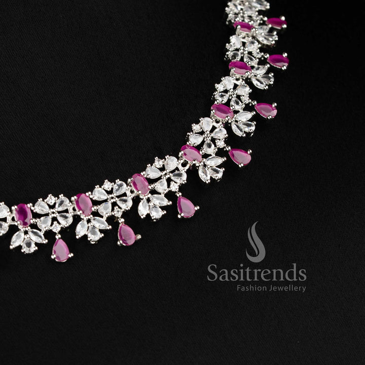 Designer ruby stone floral drop necklace set with detailed pattern for ethnic and festive occasions - sasitrends