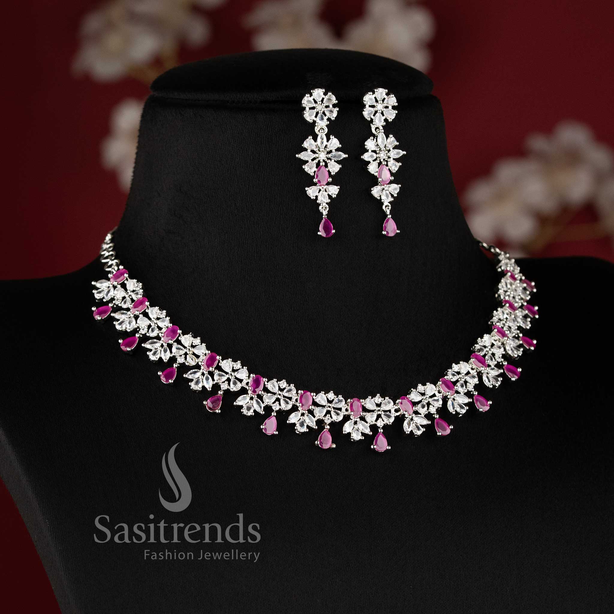 Beautiful ruby AD floral necklace set with teardrop hanging design for lehenga and bridal styling - sasitrends