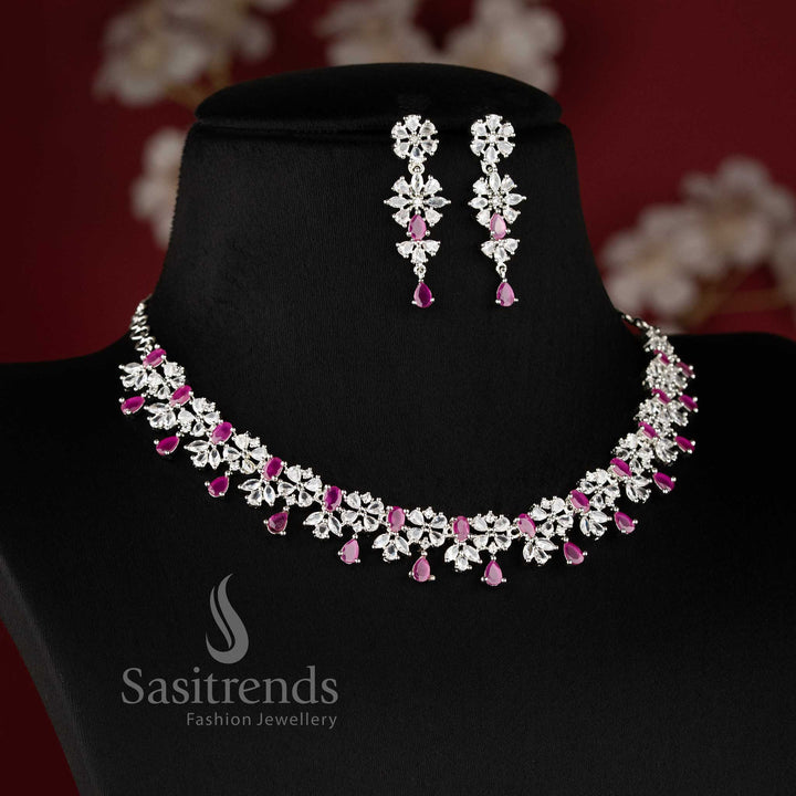 Beautiful ruby AD floral necklace set with teardrop hanging design for lehenga and bridal styling - sasitrends