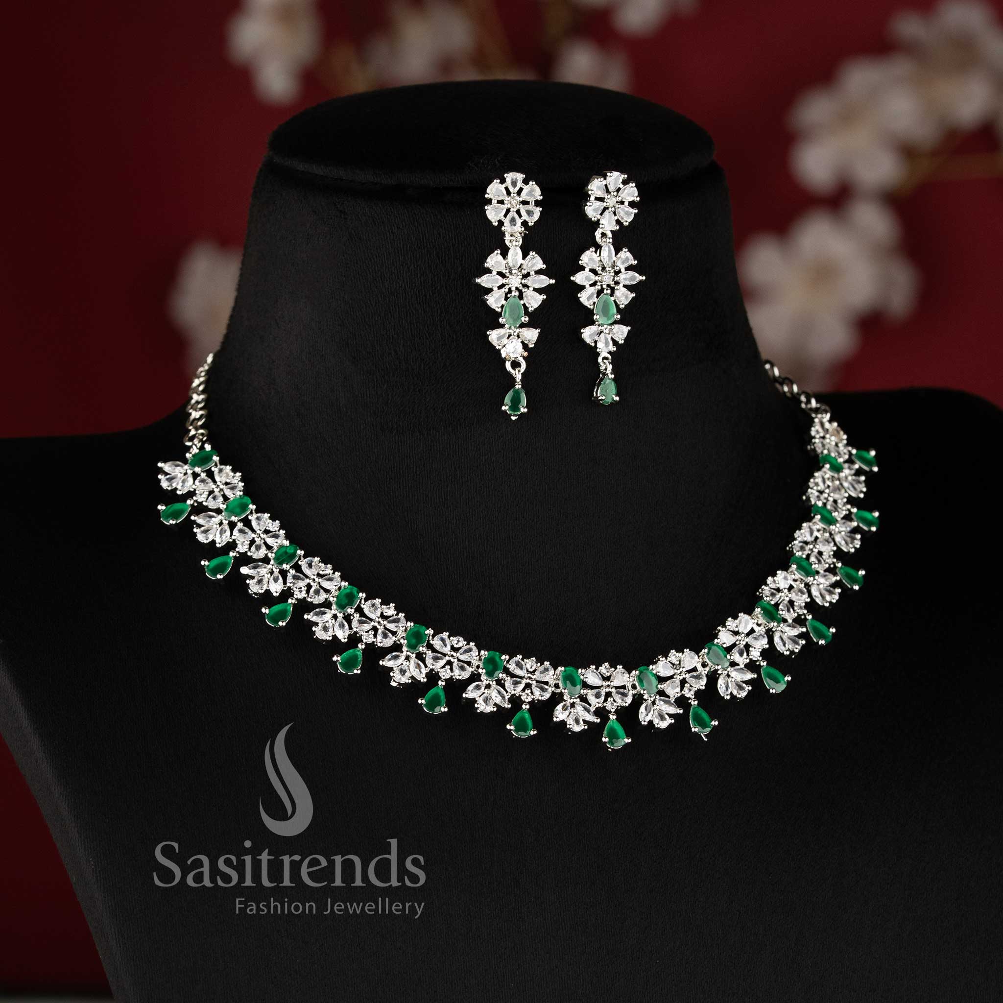 Beautiful green AD floral necklace set with teardrop hanging design for lehenga and bridal styling - sasitrends