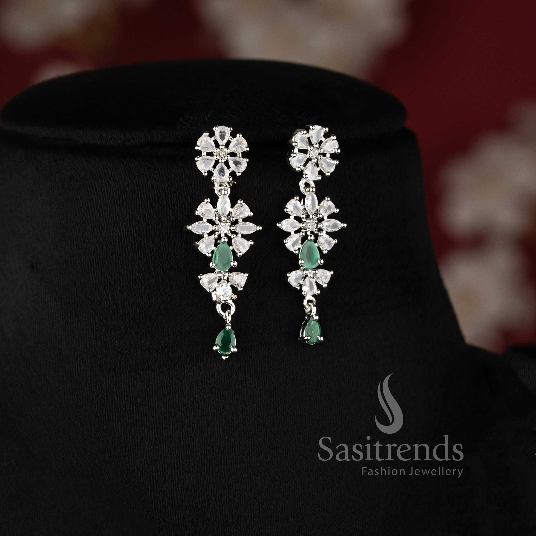 Green color rhodium plated floral American diamond necklace set with teardrop danglers for bridal wear - sasitrends