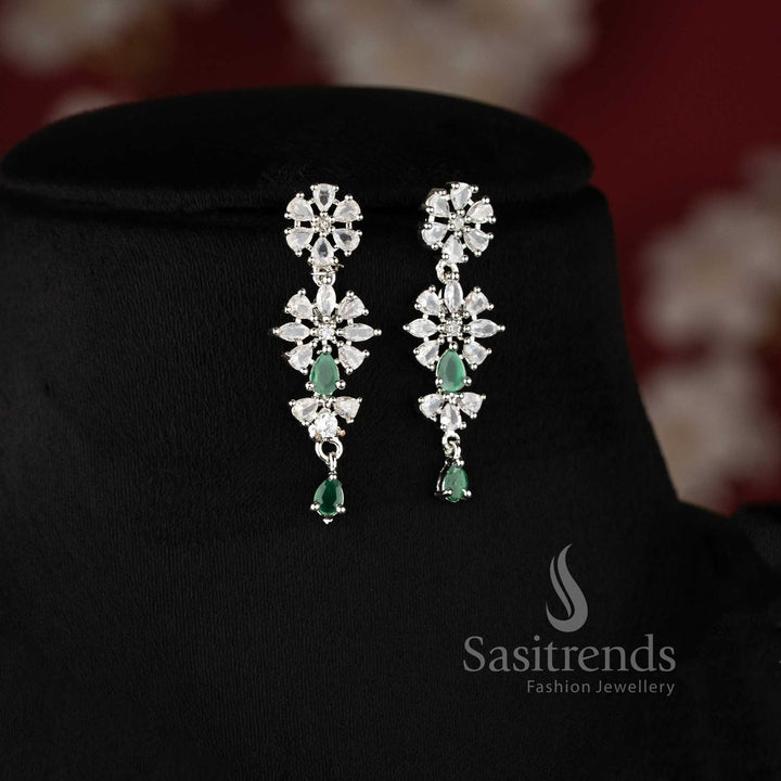 Green color rhodium plated floral American diamond necklace set with teardrop danglers for bridal wear - sasitrends
