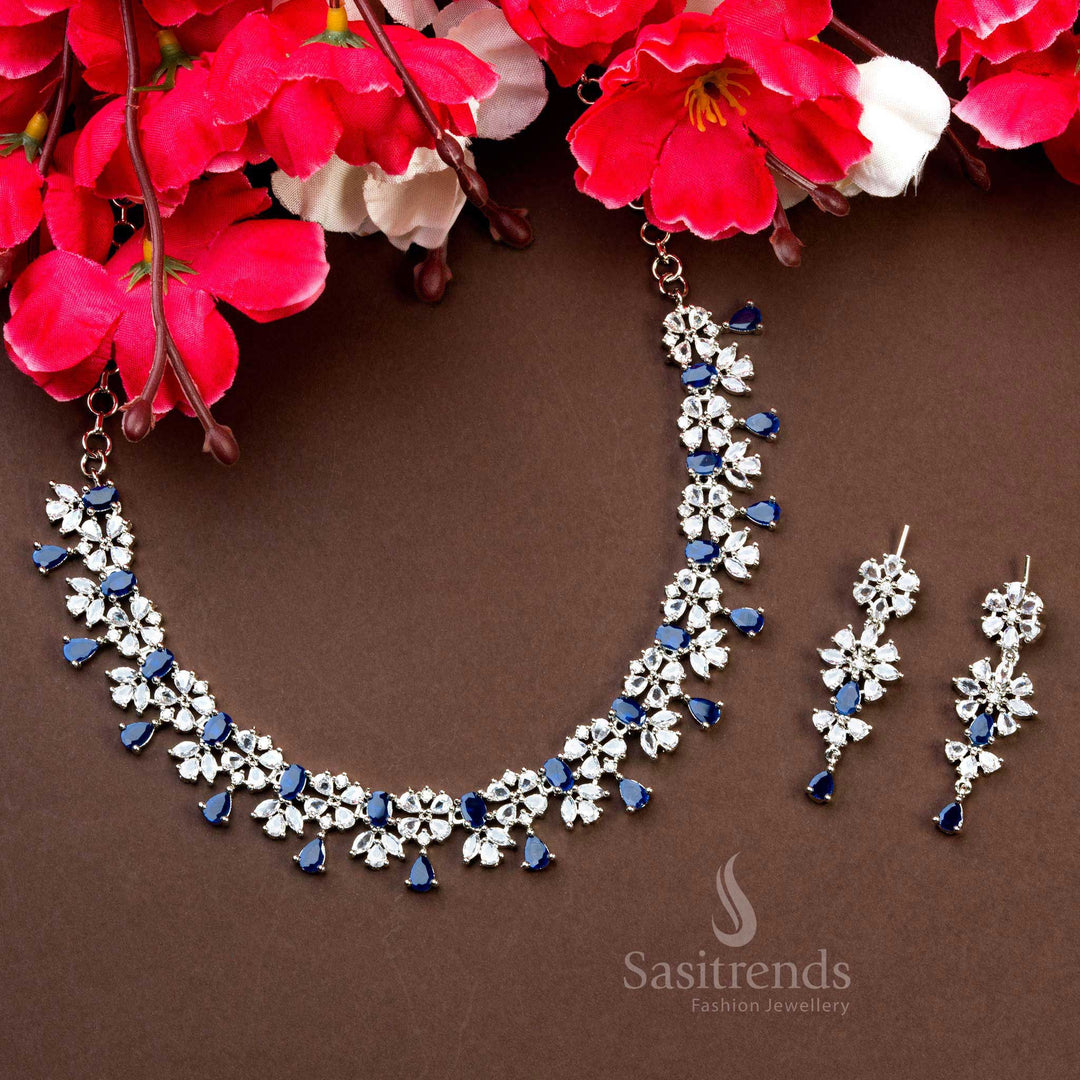 Fashionable Party Wear Jewelry Set with Blue AD Stones, Rich Look Rhodium Silver Plated Necklace and Earrings - Sasitrends