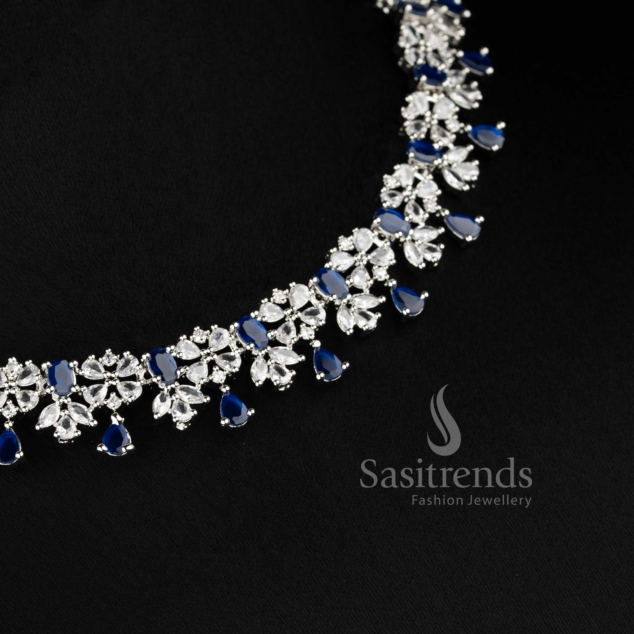 Stylish blue floral necklace set with teardrop danglers and AD stones for wedding and reception wear - sasitrends