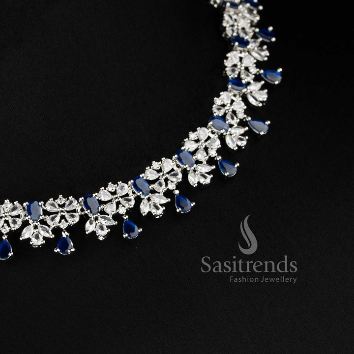 Stylish blue floral necklace set with teardrop danglers and AD stones for wedding and reception wear - sasitrends