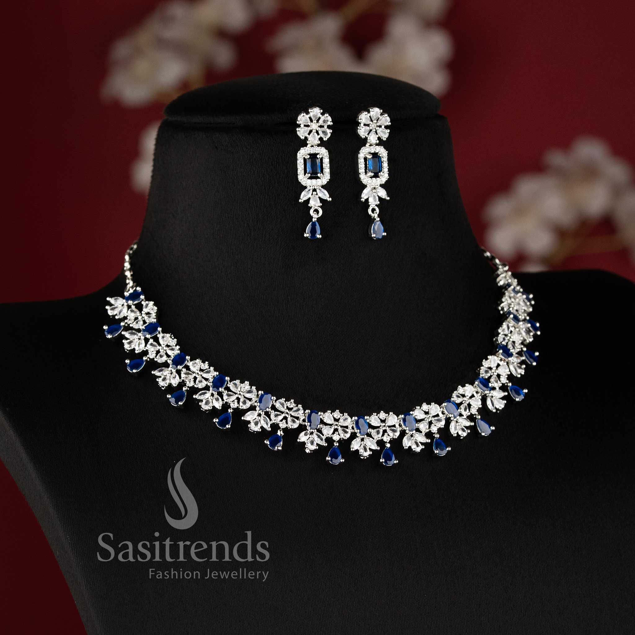 Designer blue stone floral drop necklace set with detailed pattern for ethnic and festive occasions - sasitrends