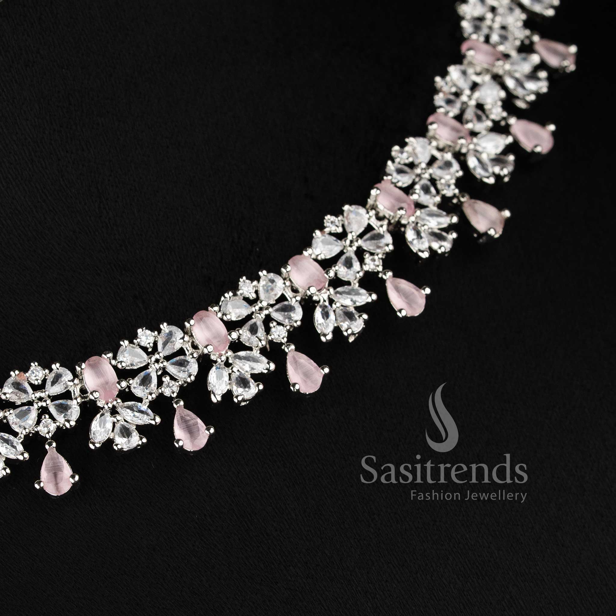 Beautiful pink AD floral necklace set with teardrop hanging design for lehenga and bridal styling - sasitrends