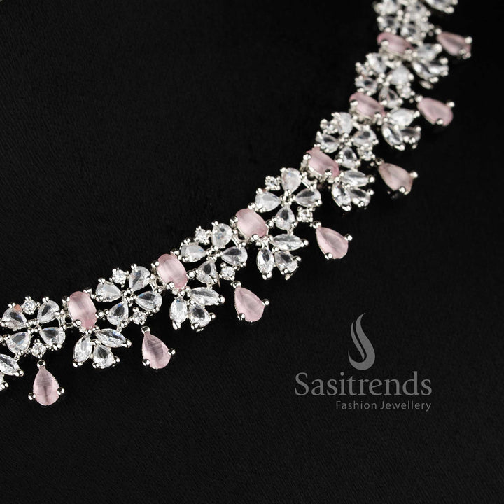 Beautiful pink AD floral necklace set with teardrop hanging design for lehenga and bridal styling - sasitrends