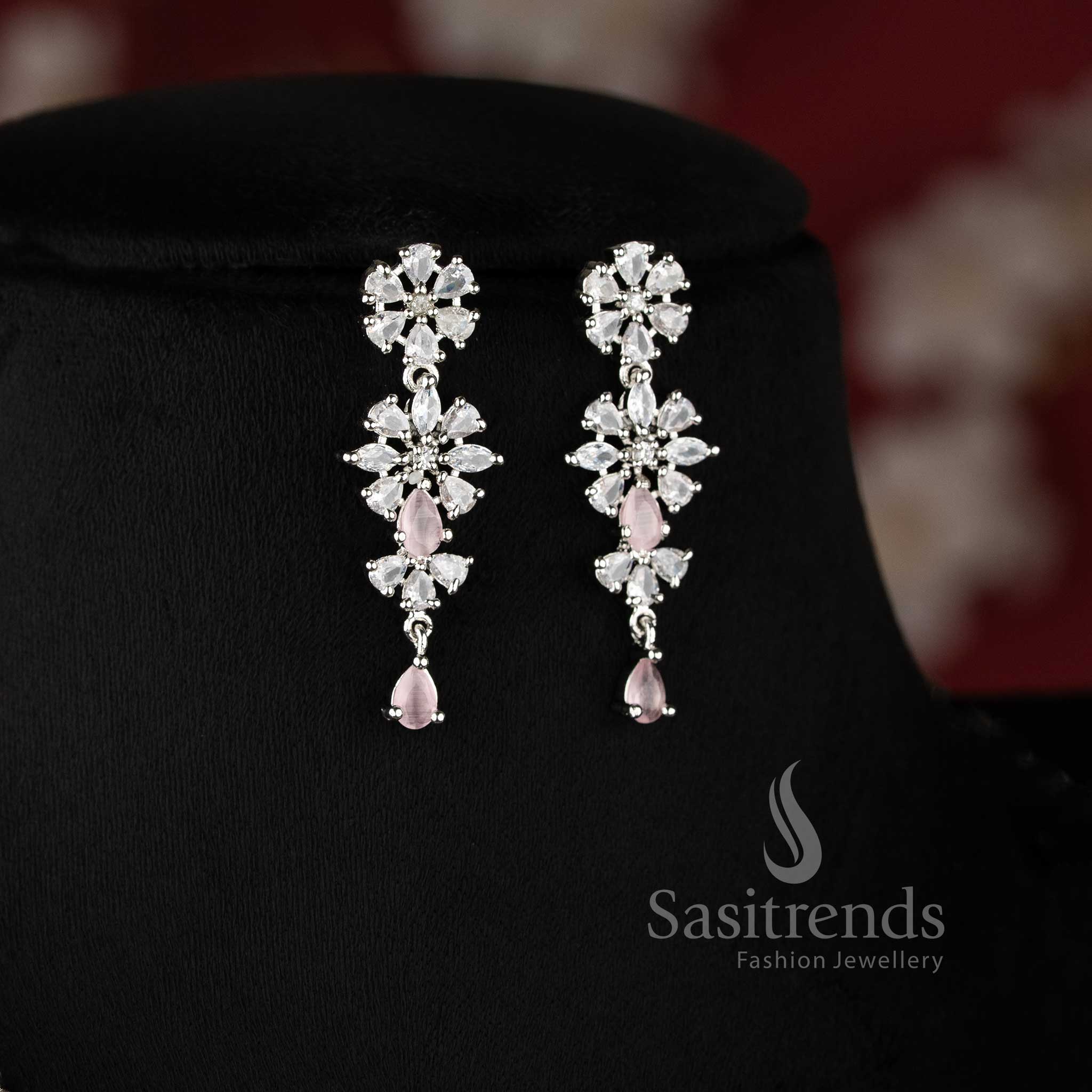Pink color rhodium plated floral American diamond necklace set with teardrop danglers for bridal wear - sasitrends