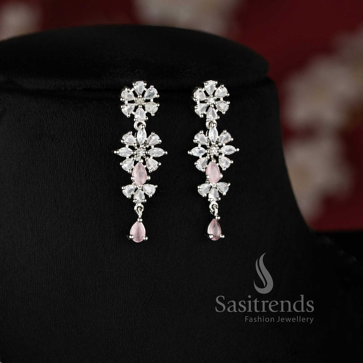 Pink color rhodium plated floral American diamond necklace set with teardrop danglers for bridal wear - sasitrends
