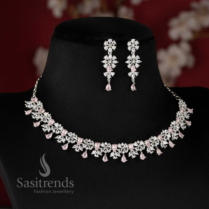 Trendy pink American diamond floral dangle necklace set with intricate design for wedding and party wear - sasitrends