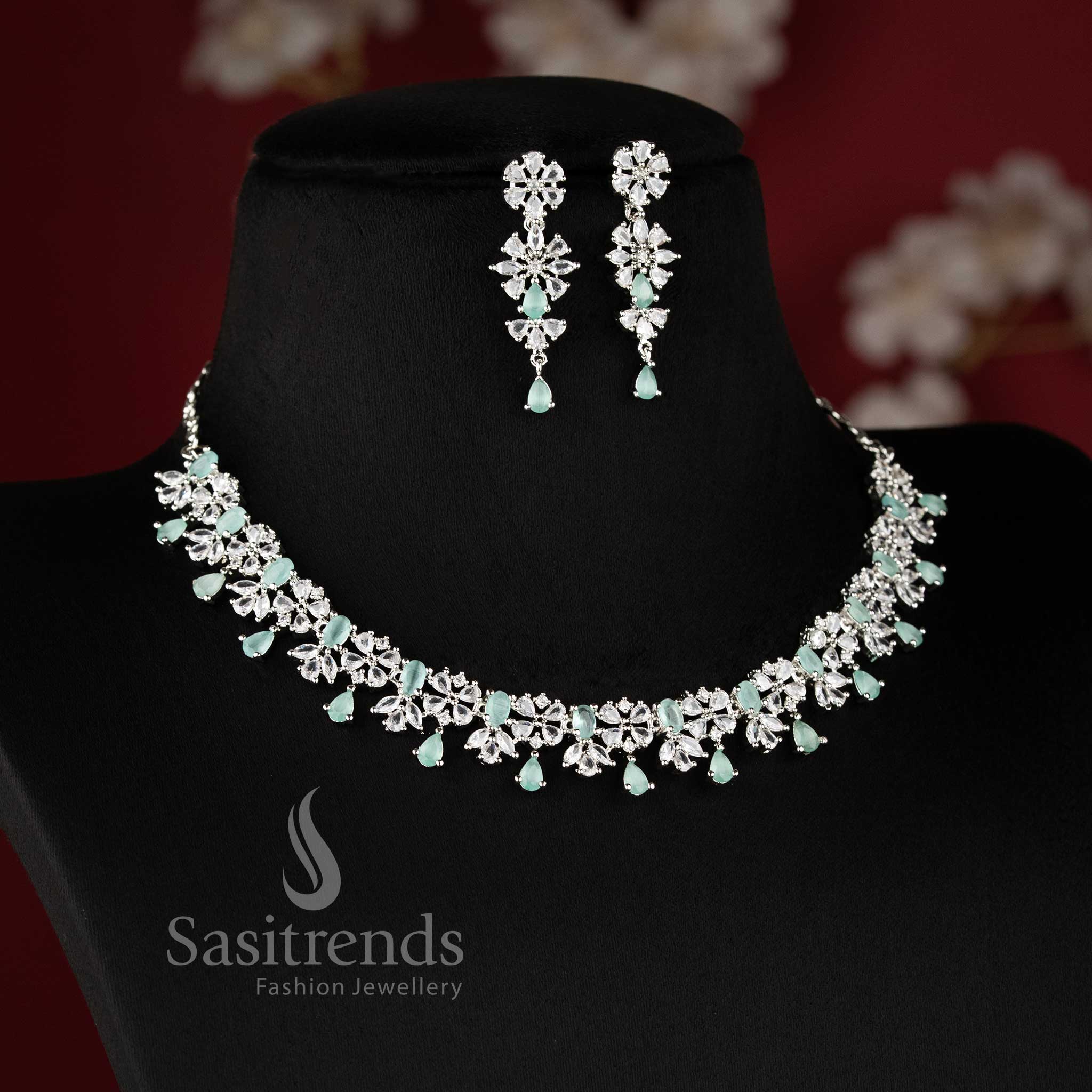 Trendy mint American diamond floral dangle necklace set with intricate design for wedding and party wear - sasitrends