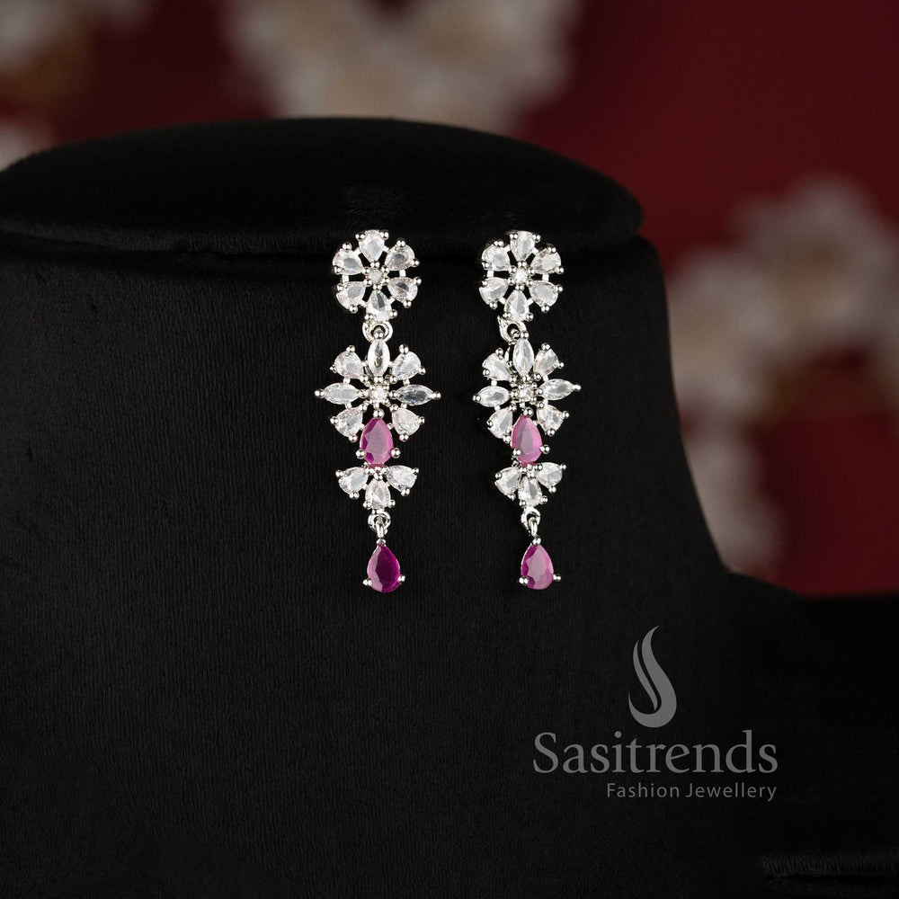 Ruby color rhodium plated floral American diamond necklace set with teardrop danglers for bridal wear - sasitrends