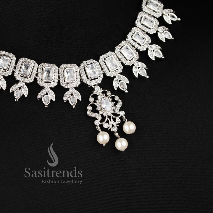 Latest Trendy Rhodium Silver Floral Party Wear Necklace Jewellery Set with American Diamond Stones | Sasitrends