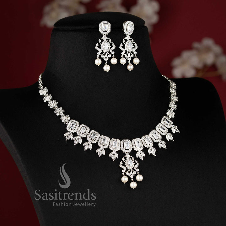 Latest Trendy Rhodium Silver Floral Party Wear Necklace Jewellery Set with American Diamond Stones | Sasitrends